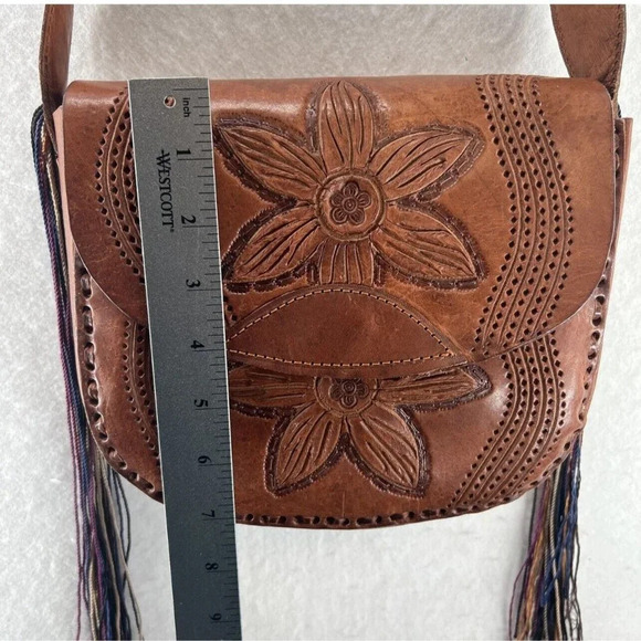 Womens Handbag Boho Leather Floral Tooled Embossed Purse Mini Sling Tan Brown - Picture 12 of 12